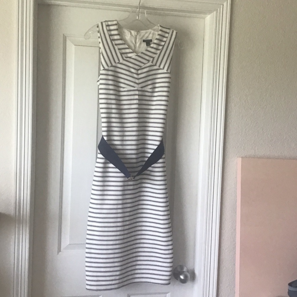 Ann Taylor White and Navy Striped Dress with Waist Accent